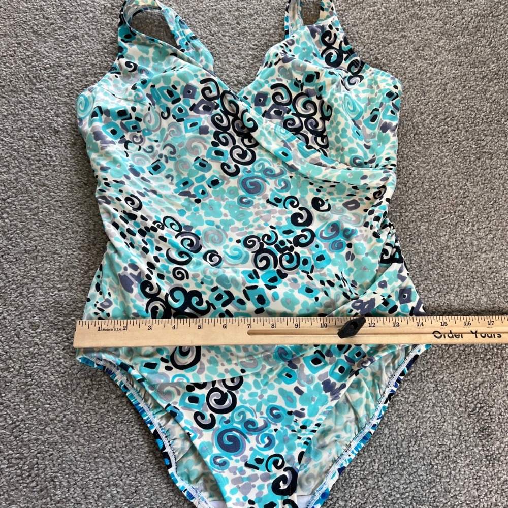 Longitude One Piece Swimsuit Womens 10 Blue Teal Abstract Wrap tummy control - Picture 11 of 13